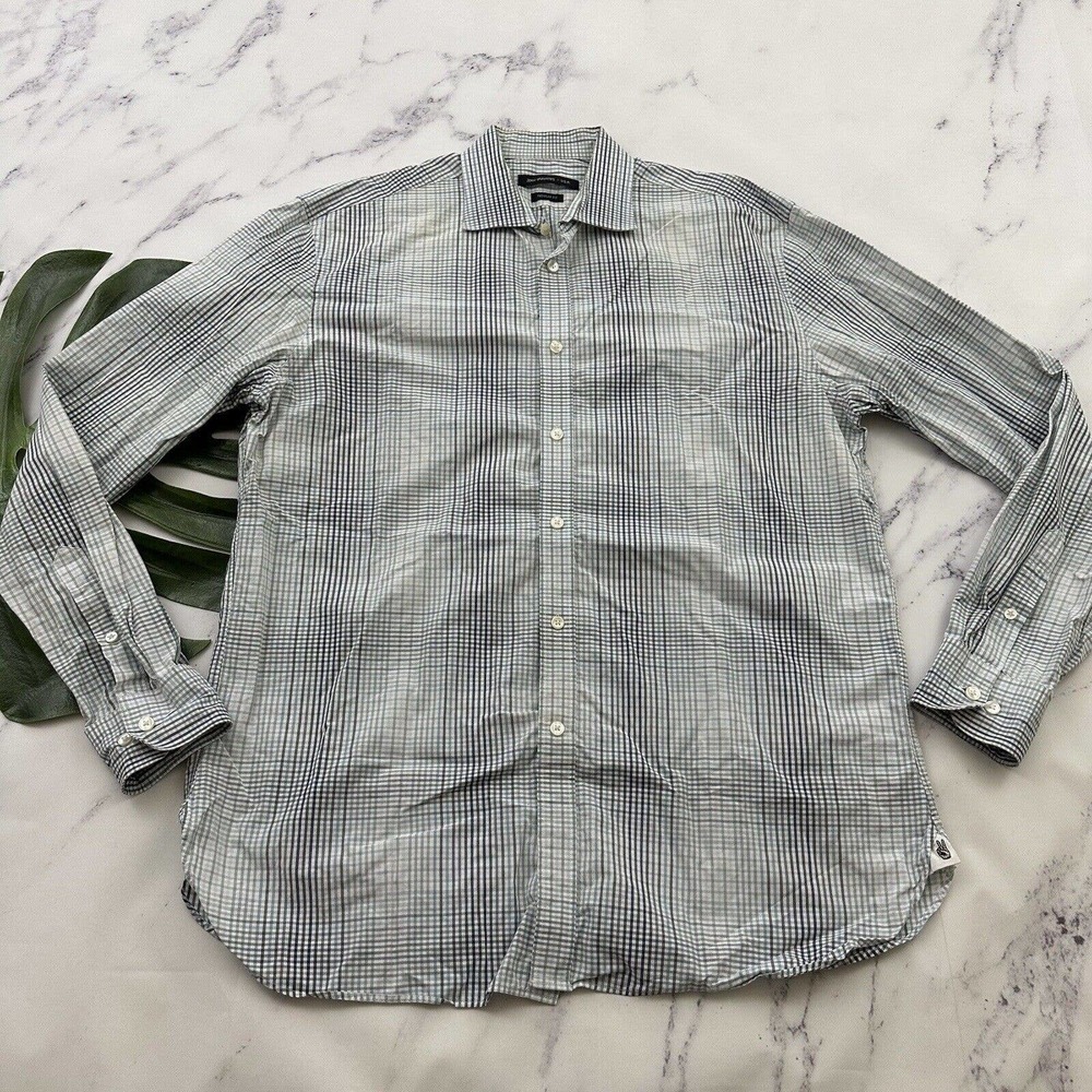 John Varvatos Mens Dress Shirt Size 16.5 34/35 Blue Gray Plaid Button Up Regular